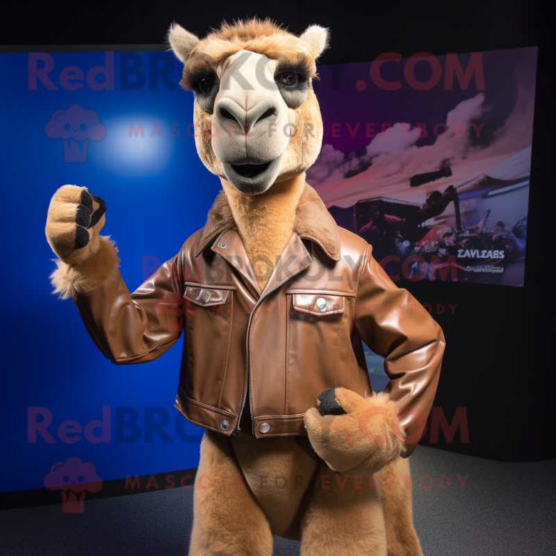 Tan Camel mascot costume character dressed with a Leather Jacket and Bow ties