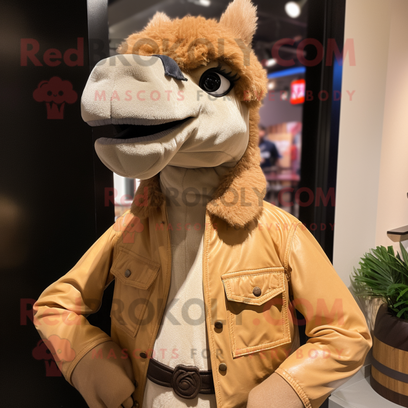 Tan Camel mascot costume character dressed with a Leather Jacket and Bow ties