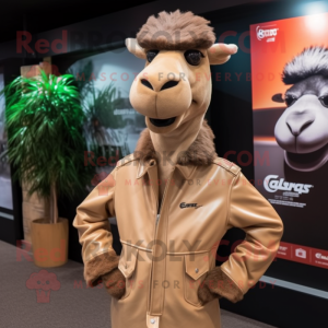 Tan Camel mascot costume character dressed with a Leather Jacket and Bow ties