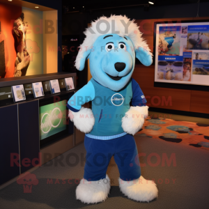 Cyan Shepard'S Pie mascot costume character dressed with a T-Shirt and Lapel pins