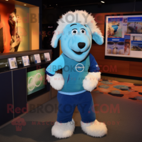 Cyan Shepard'S Pie mascot costume character dressed with a T-Shirt and Lapel pins