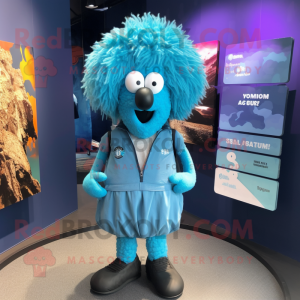 Cyan Shepard'S Pie mascot costume character dressed with a T-Shirt and Lapel pins