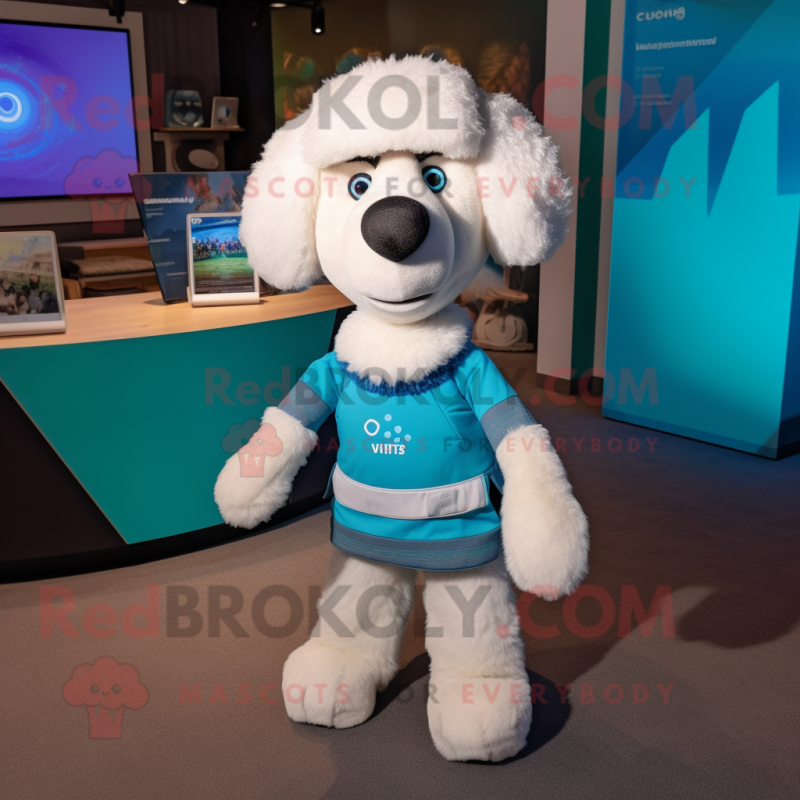 Cyan Shepard'S Pie mascot costume character dressed with a T-Shirt and Lapel pins