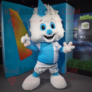 Cyan Shepard'S Pie mascot costume character dressed with a T-Shirt and Lapel pins