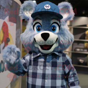 Sky Blue Wolf mascot costume character dressed with a Flannel Shirt and Beanies