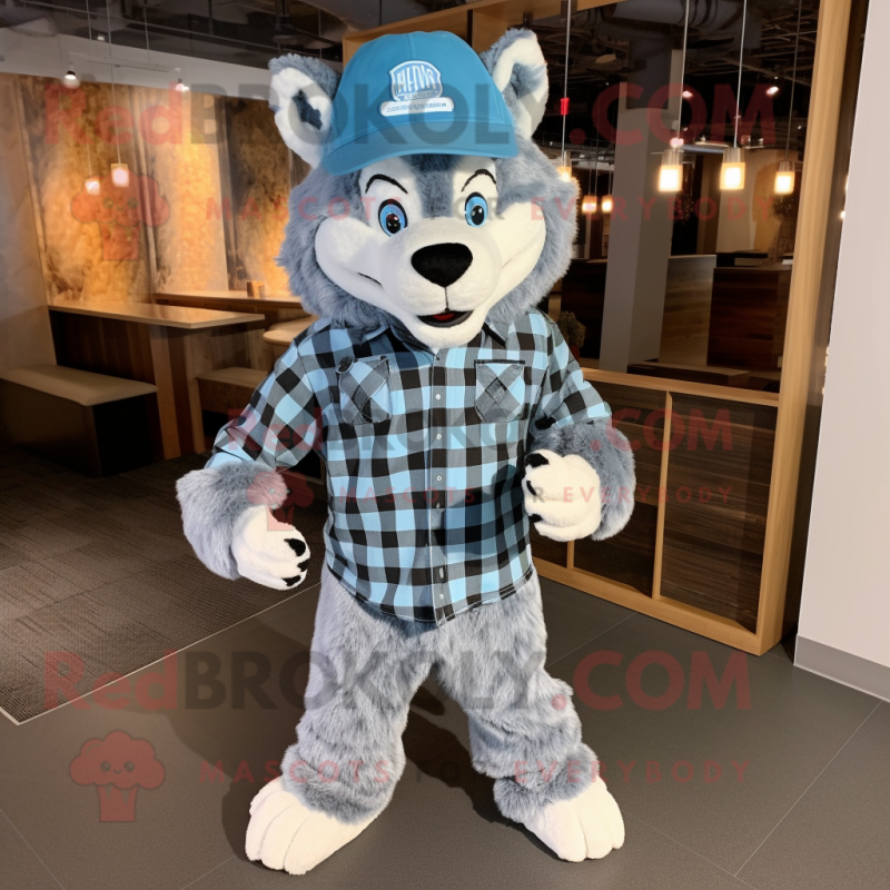 Sky Blue Wolf mascot costume character dressed with a Flannel Shirt and Beanies