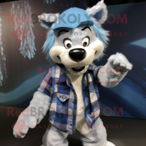 Sky Blue Wolf mascot costume character dressed with a Flannel Shirt and Beanies