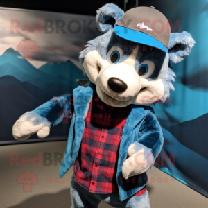 Sky Blue Wolf mascot costume character dressed with a Flannel Shirt and Beanies