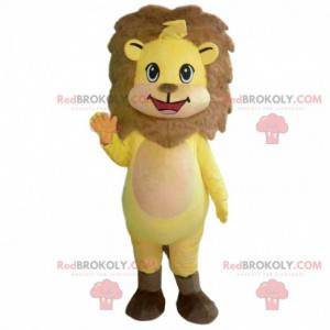 Mascote filhote de leão amarelo e marrom, fantasia de leãozinho