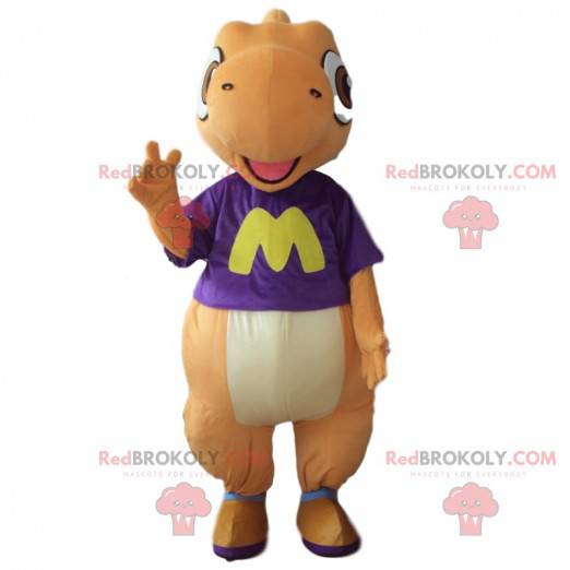 Orange and white dinosaur mascot, colorful dragon costume -