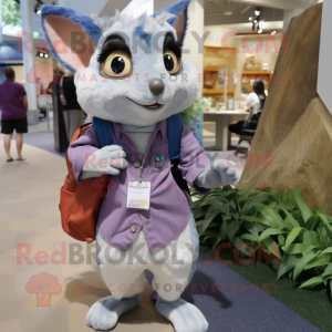 Lavender Flying Squirrel mascot costume character dressed with a Chambray Shirt and Clutch bags