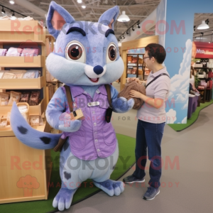 Lavender Flying Squirrel mascot costume character dressed with a Chambray Shirt and Clutch bags