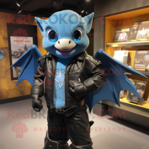 Sky Blue Bat mascot costume character dressed with a Leather Jacket and Suspenders