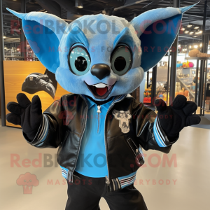 Sky Blue Bat mascot costume character dressed with a Leather Jacket and Suspenders