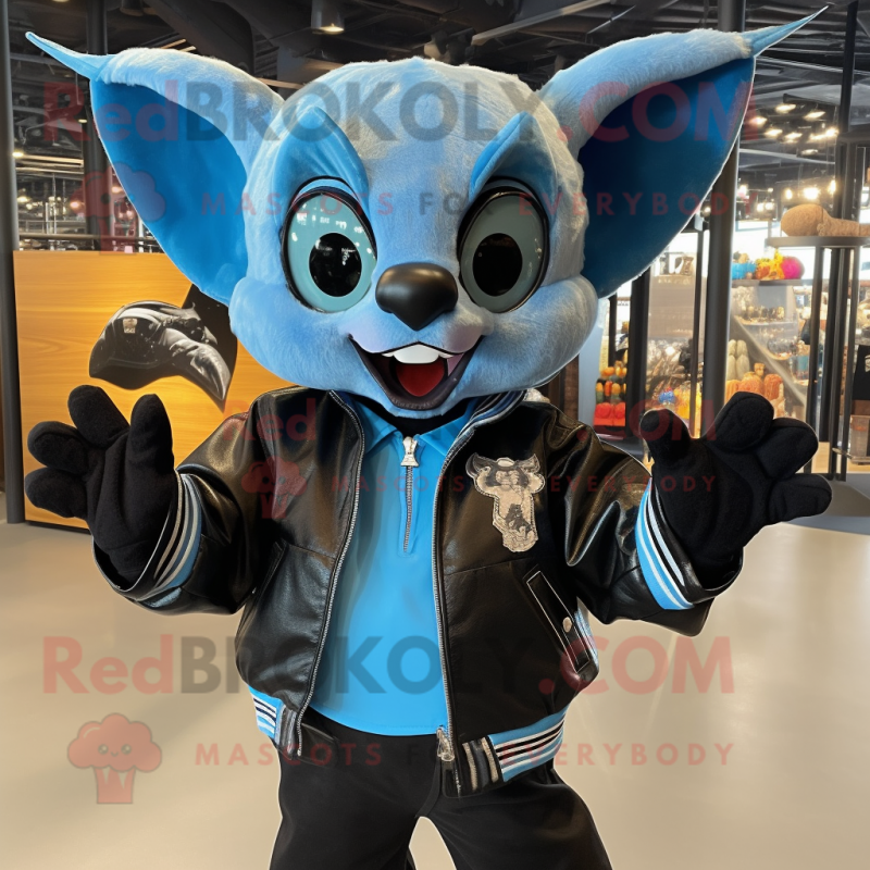 Sky Blue Bat mascot costume character dressed with a Leather Jacket and Suspenders Sky Blue Bat mascot costume character dressed with a Leather Jacket and Suspenders