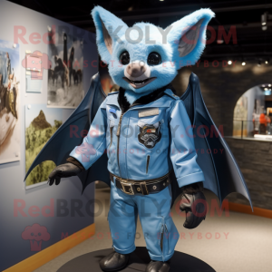 Sky Blue Bat mascot costume character dressed with a Leather Jacket and Suspenders
