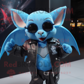 Sky Blue Bat mascot costume character dressed with a Leather Jacket and Suspenders