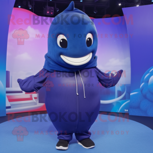 Navy Blue Whale mascot costume character dressed with a Hoodie and Necklaces