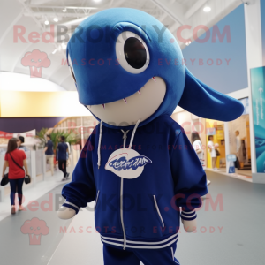 Navy Blue Whale mascot costume character dressed with a Hoodie and Necklaces