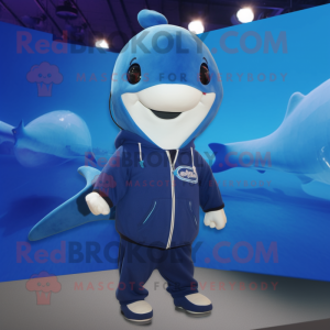 Navy Blue Whale mascot costume character dressed with a Hoodie and Necklaces