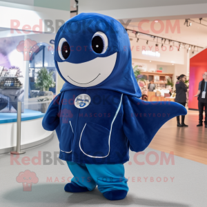 Navy Blue Whale mascot costume character dressed with a Hoodie and Necklaces