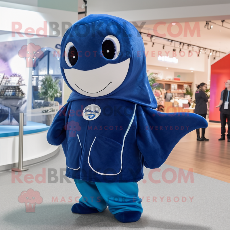 Navy Blue Whale mascot costume character dressed with a Hoodie and Necklaces Navy Blue Whale mascot costume character dressed with a Hoodie and Necklaces