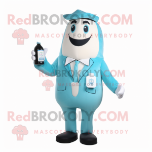 Cyan Bottle Of Milk mascot costume character dressed with a Jacket and Briefcases