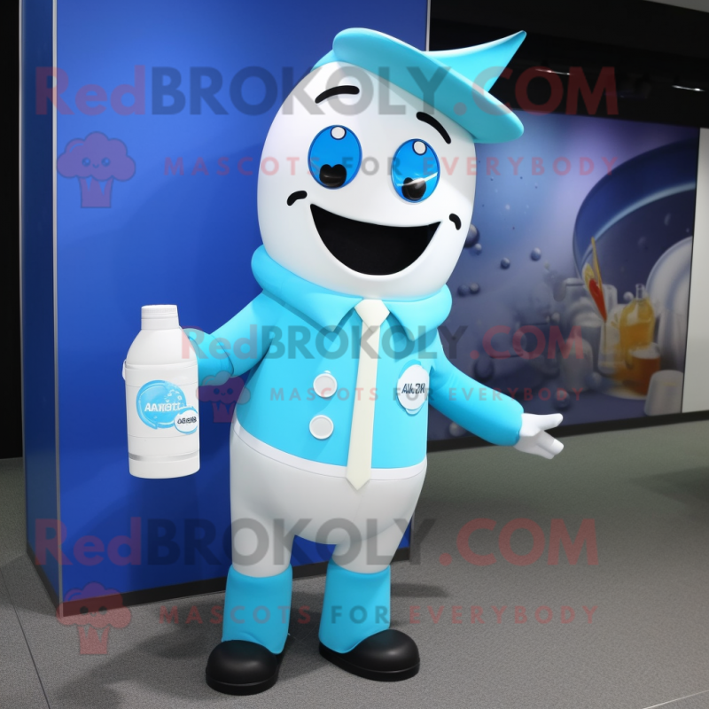 Cyan Bottle Of Milk mascot costume character dressed with a Jacket and Briefcases