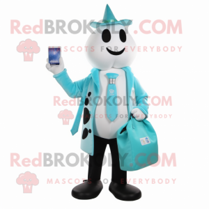 Cyan Bottle Of Milk mascot costume character dressed with a Jacket and Briefcases