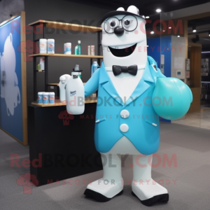 Cyan Bottle Of Milk mascot costume character dressed with a Jacket and Briefcases