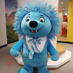 Sky Blue Porcupine mascot costume character dressed with a Rash Guard and Bow ties