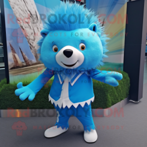 Sky Blue Porcupine mascot costume character dressed with a Rash Guard and Bow ties