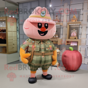 Peach Soldier mascot costume character dressed with a Flannel Shirt and Coin purses