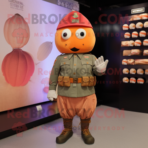 Peach Soldier mascot costume character dressed with a Flannel Shirt and Coin purses