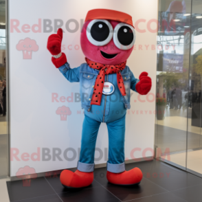 Red Wrist Watch mascot costume character dressed with a Flare Jeans and Scarves