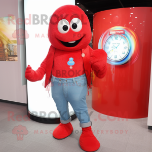 Red Wrist Watch mascot costume character dressed with a Flare Jeans and Scarves