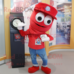 Red Wrist Watch mascot costume character dressed with a Flare Jeans and Scarves