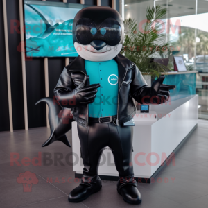 Turquoise Killer Whale mascot costume character dressed with a Leather Jacket and Smartwatches