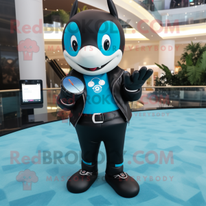 Turquoise Killer Whale mascot costume character dressed with a Leather Jacket and Smartwatches