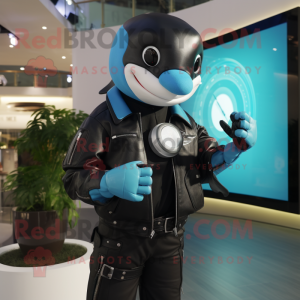 Turquoise Killer Whale mascot costume character dressed with a Leather Jacket and Smartwatches