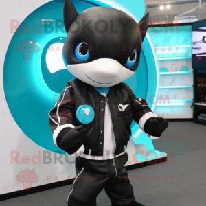 Turquoise Killer Whale mascot costume character dressed with a Leather Jacket and Smartwatches