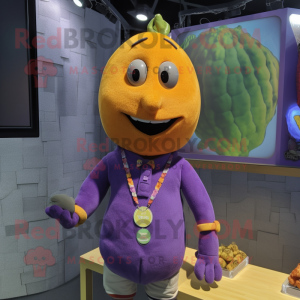 Purple Mango mascot costume character dressed with a Henley Shirt and Necklaces