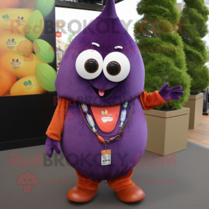 Purple Mango mascot costume character dressed with a Henley Shirt and Necklaces