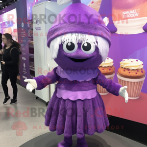Purple Cupcake mascot costume character dressed with a Mini Skirt and Beanies