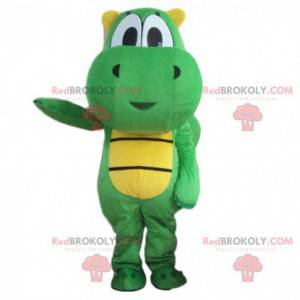 Mascotte de dragon vert et jaune, costume de dinosaure vert -