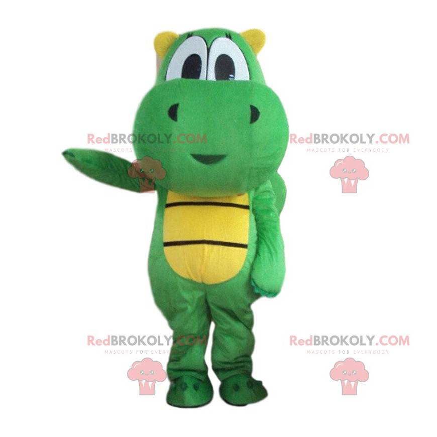 Mascote dragão verde e amarelo, fantasia de dinossauro verde -