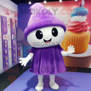 Purple Cupcake mascot costume character dressed with a Mini Skirt and Beanies