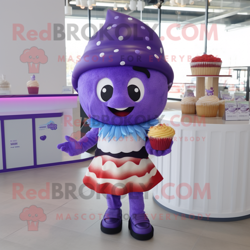 Purple Cupcake mascot costume character dressed with a Mini Skirt and Beanies