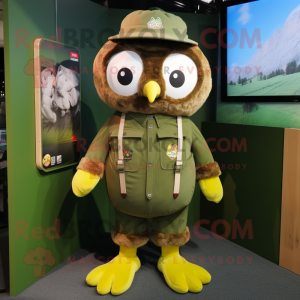 Olive Owl mascot costume character dressed with a Overalls and Rings