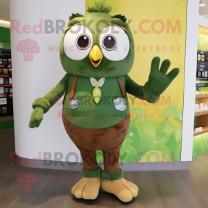 Olive Owl mascot costume character dressed with a Overalls and Rings